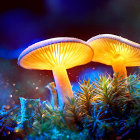 Bioluminescent mushrooms in mossy forest under starry sky