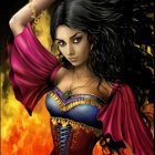 Dark Curly-Haired Woman in Colorful Attire Against Fiery Background