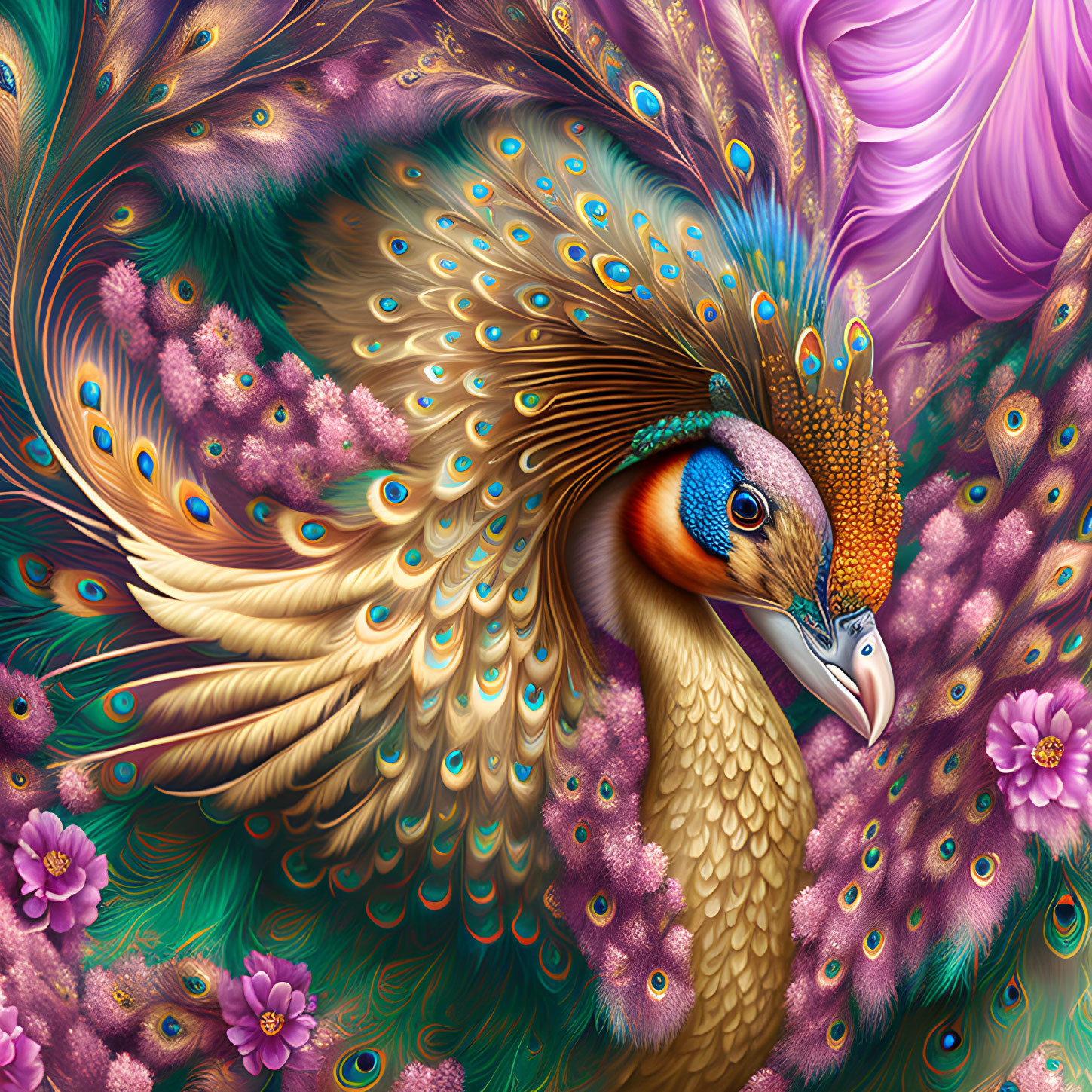 Colorful Peacock Illustration with Detailed Floral Patterns