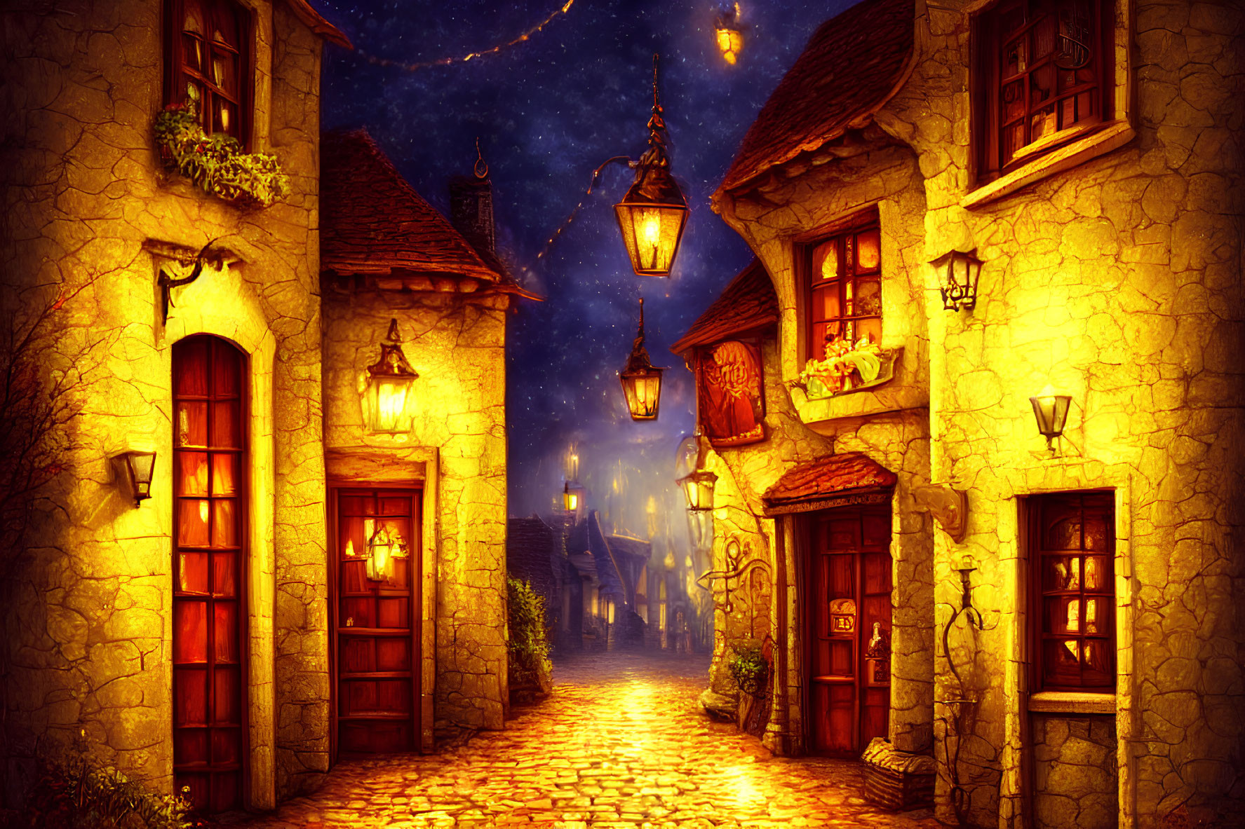Charming cobblestone street at night with warm street lamps