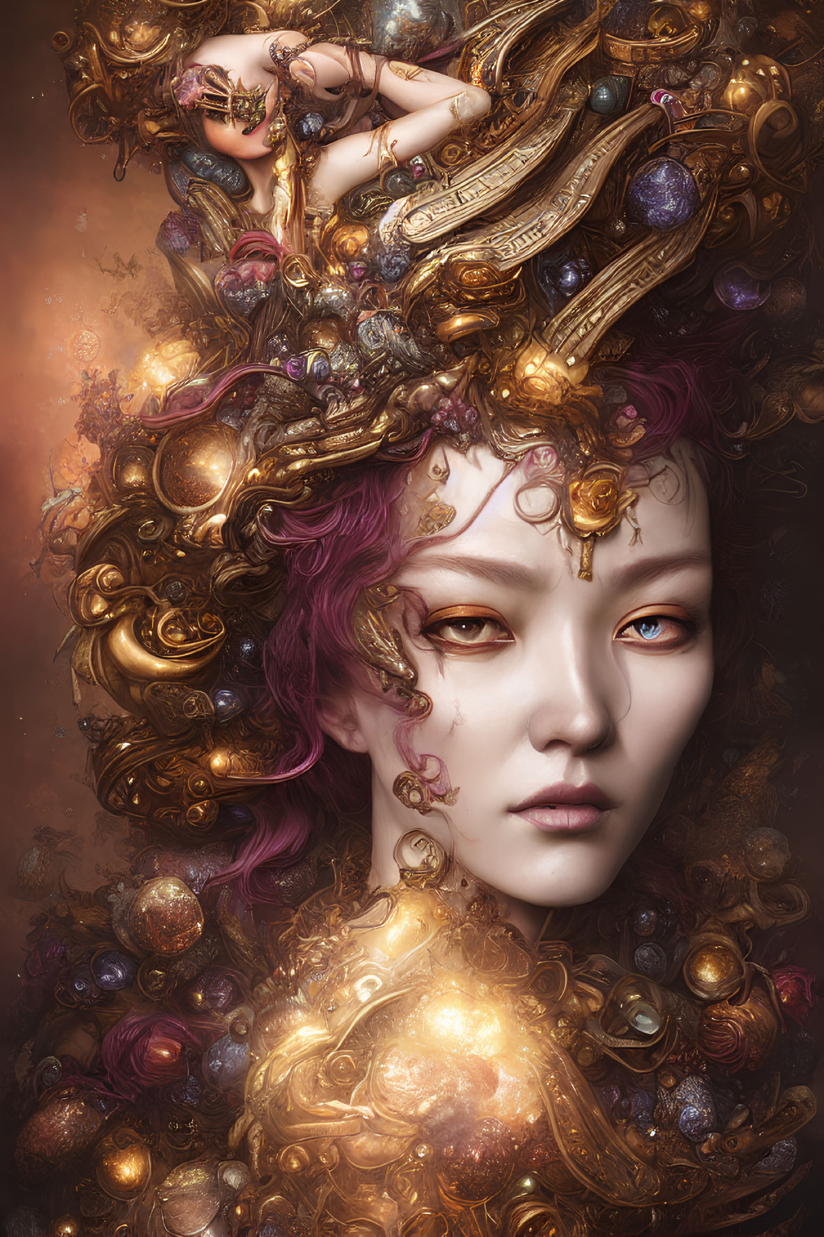 Fantastical portrait of figure with golden headdress and glowing orbs