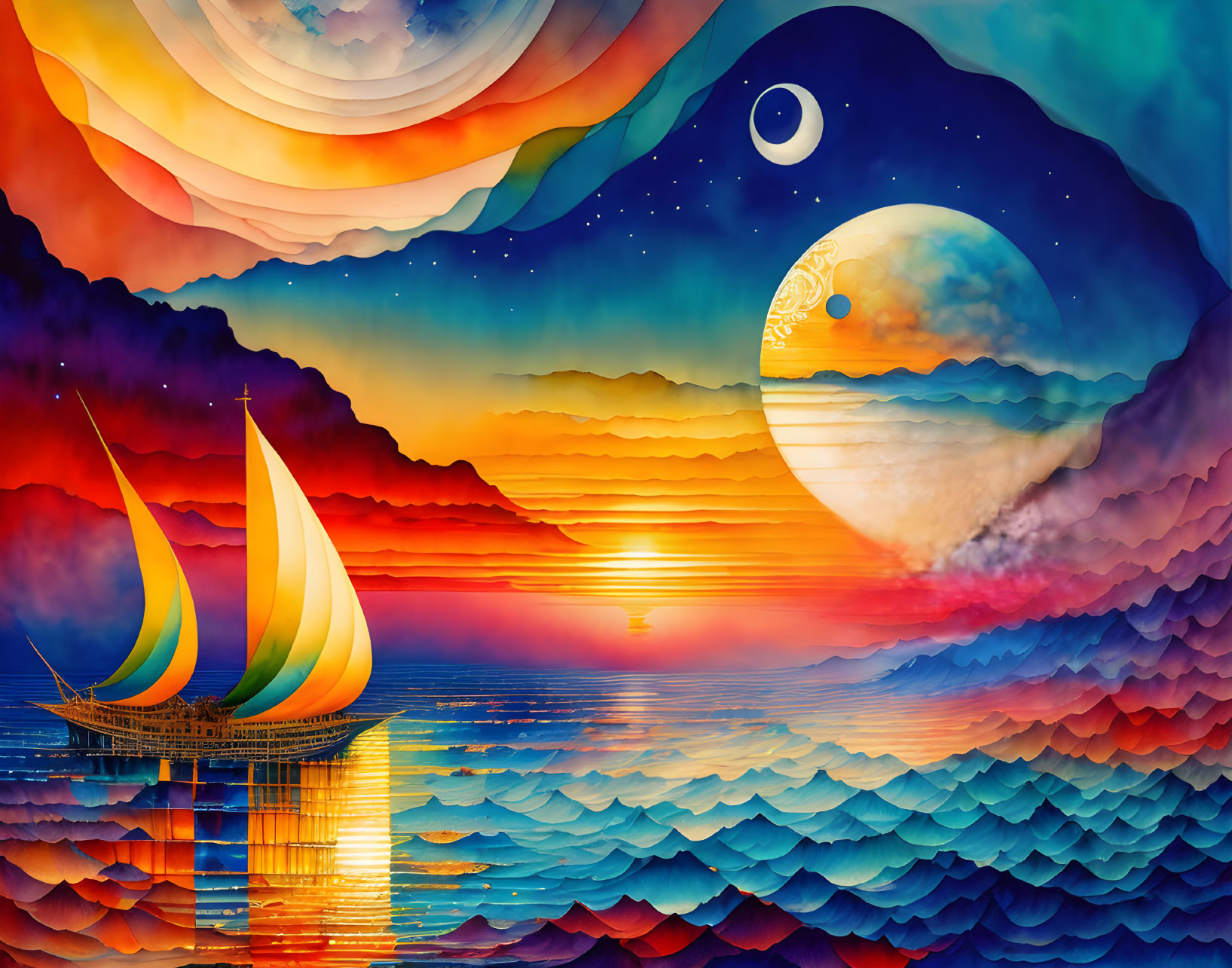 Surreal seascape with sailboat, waves, yin-yang symbol, warm and cool