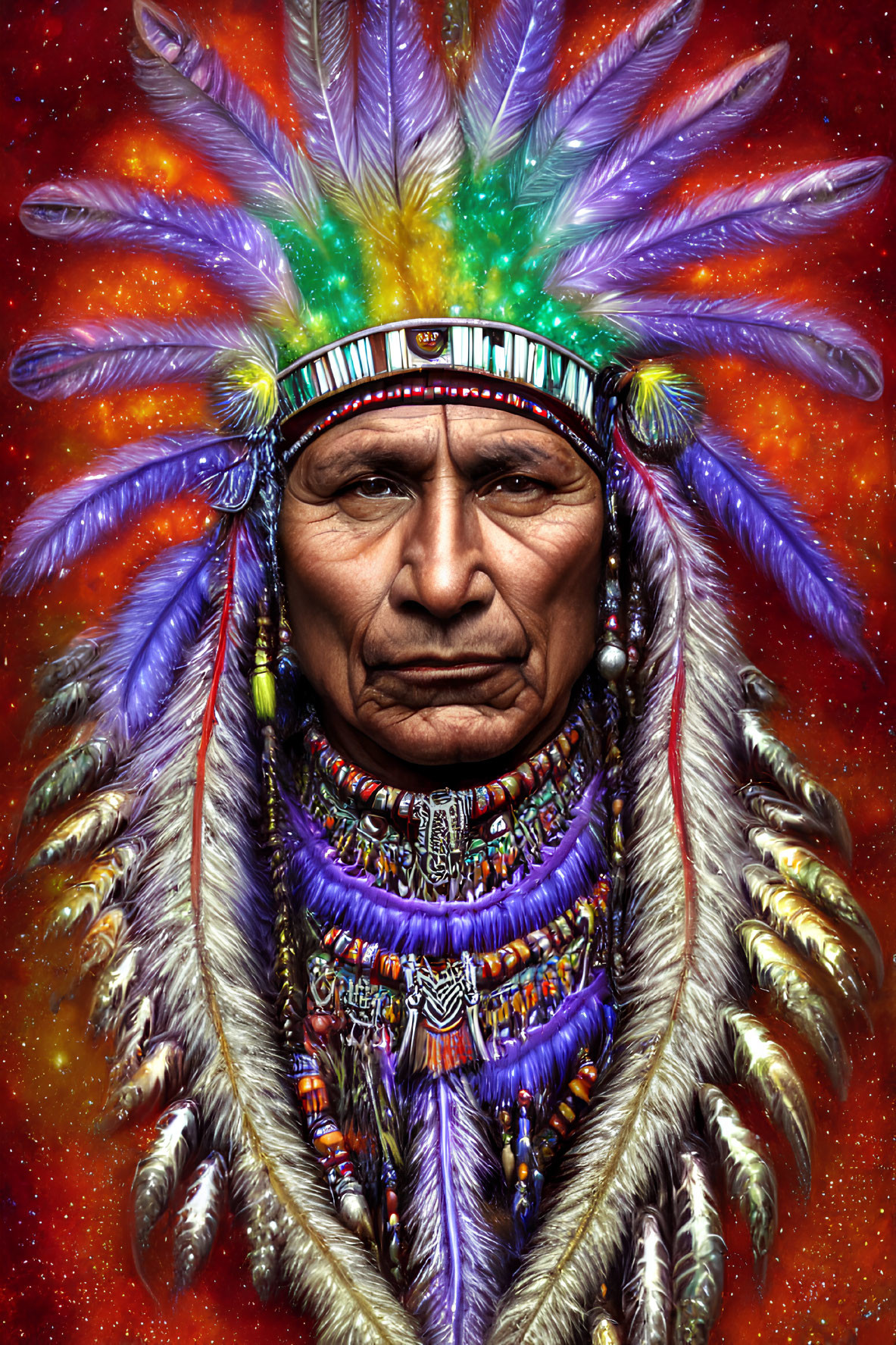 Colorful Native American headdress on stern-faced man against starry backdrop