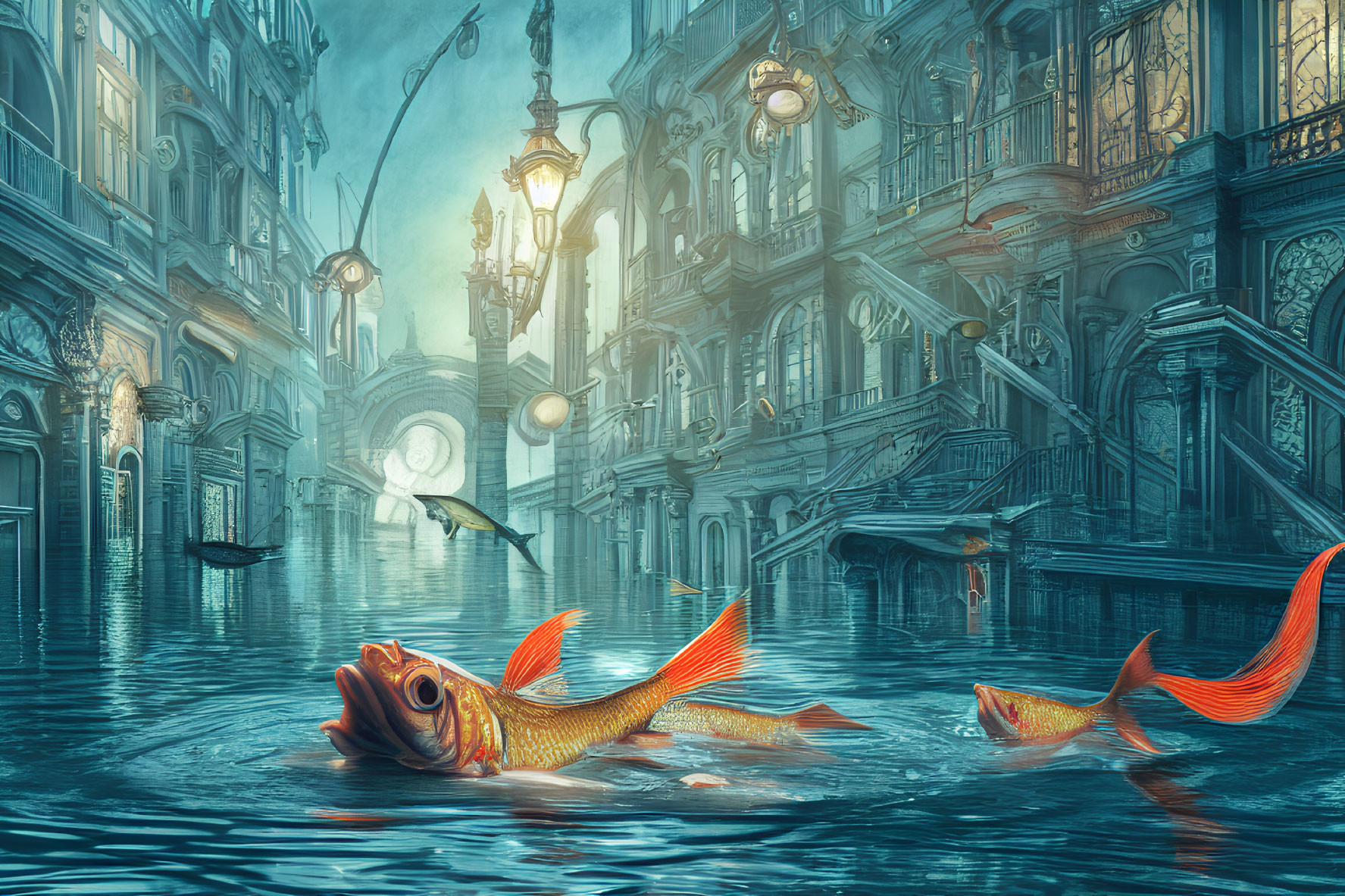  Fish Swimming Through a Flooded City