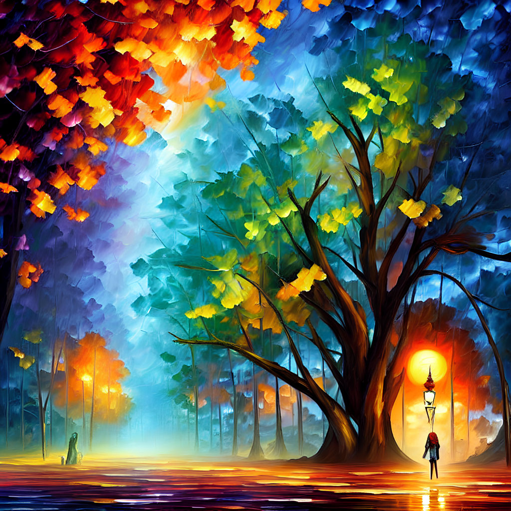 Colorful autumn scene with person walking under streetlamp