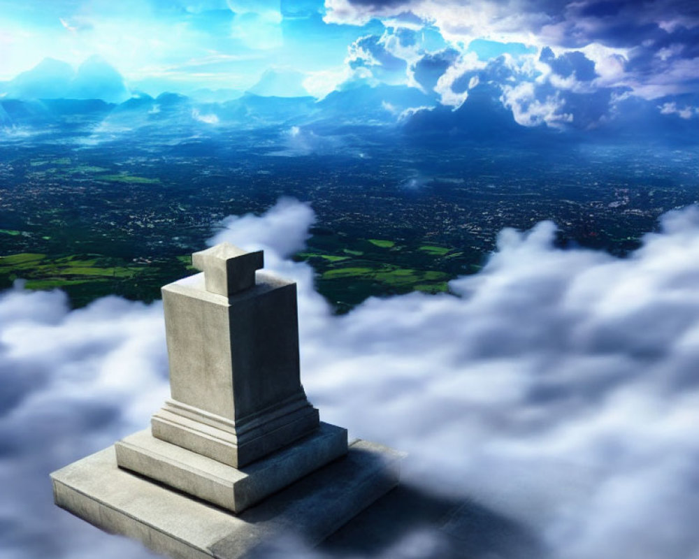 Stone monument on clouds overlooking green fields and mountains.