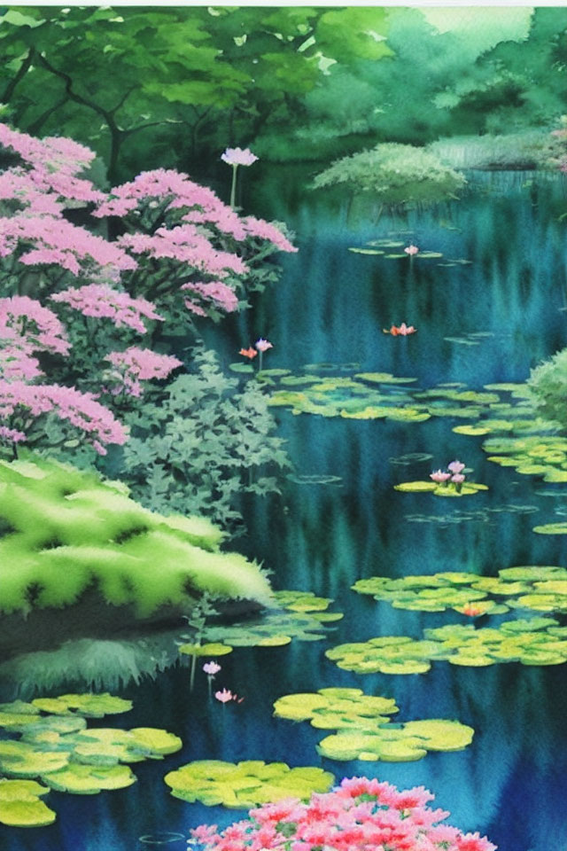 Tranquil watercolor painting of serene pond with lily pads and cherry blossoms
