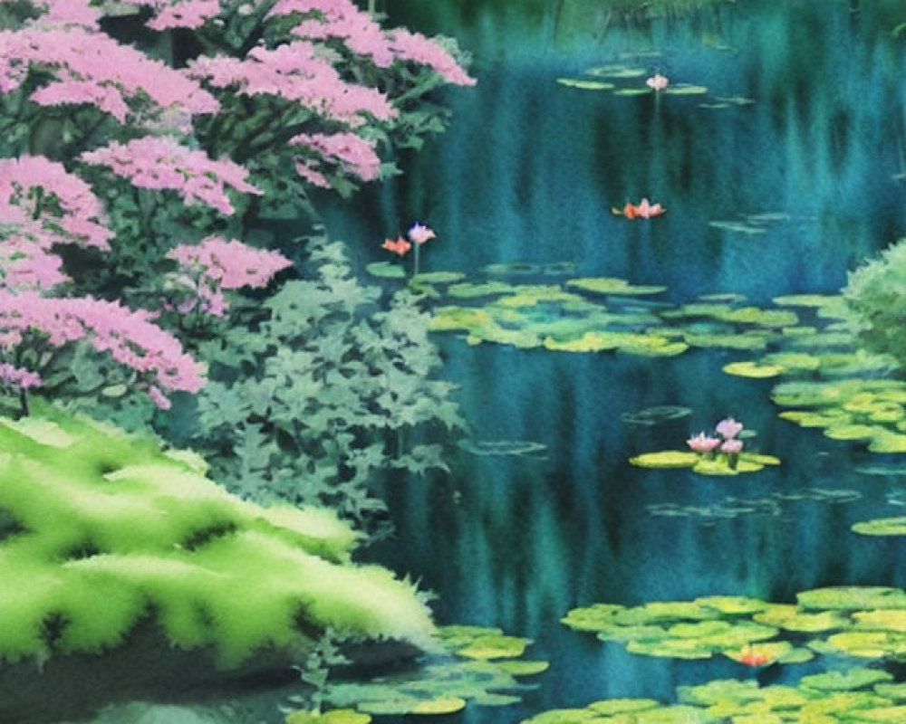 Tranquil watercolor painting of serene pond with lily pads and cherry blossoms