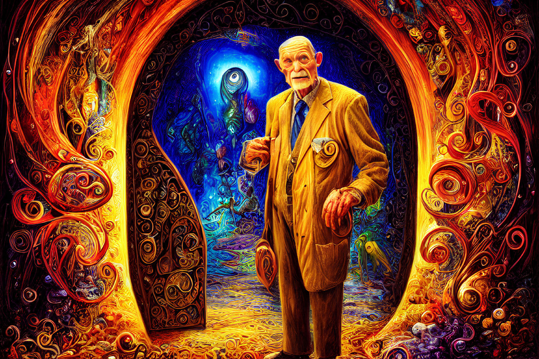 Elderly Man with Cane Stands Before Psychedelic Portal