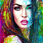 Colorful Abstract Portrait of Woman with Nature Elements and Butterflies