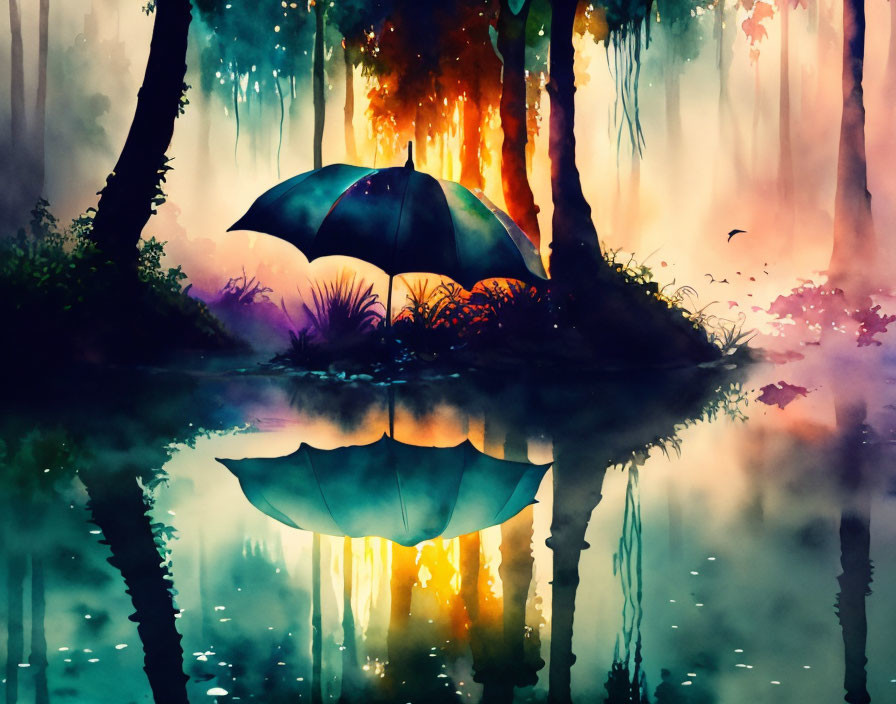 Colorful surreal painting of umbrella over reflective water in mystical forest