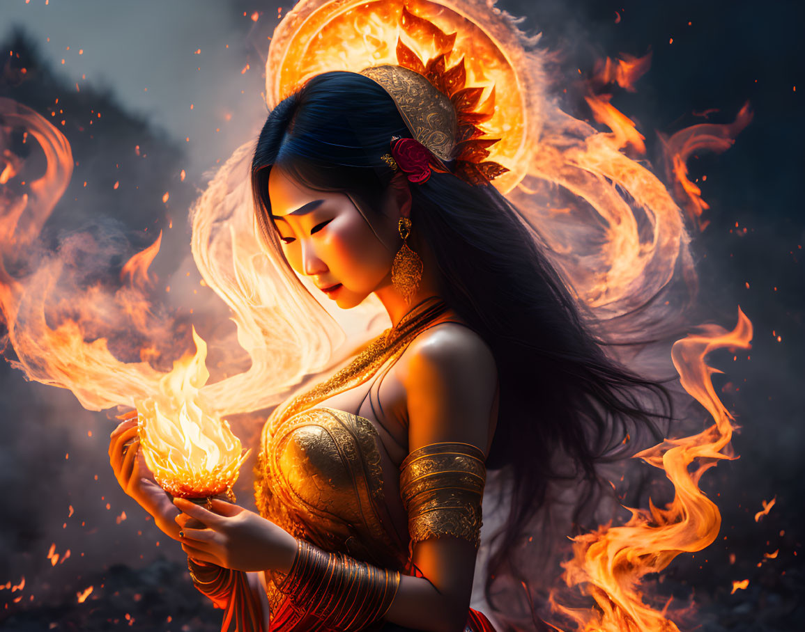 Mystical woman in golden headdress holding flaming orb in dark setting