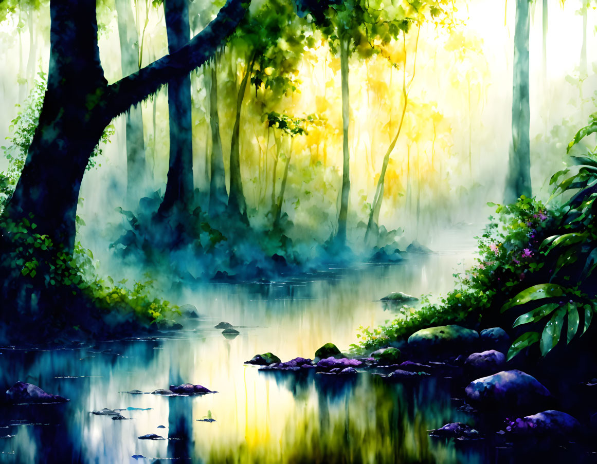 Tranquil forest landscape with sunbeams, river, and lush greenery