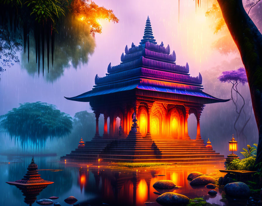 Twilight Rainfall: Illuminated Temple Amid Lush Foliage
