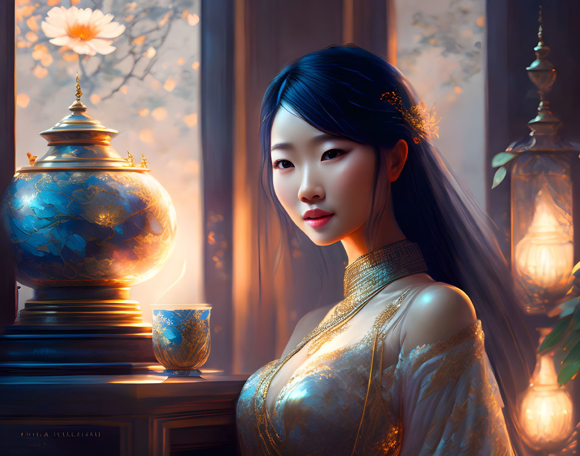 Traditional Attired Woman with Golden Headpiece Next to Lapis Vase