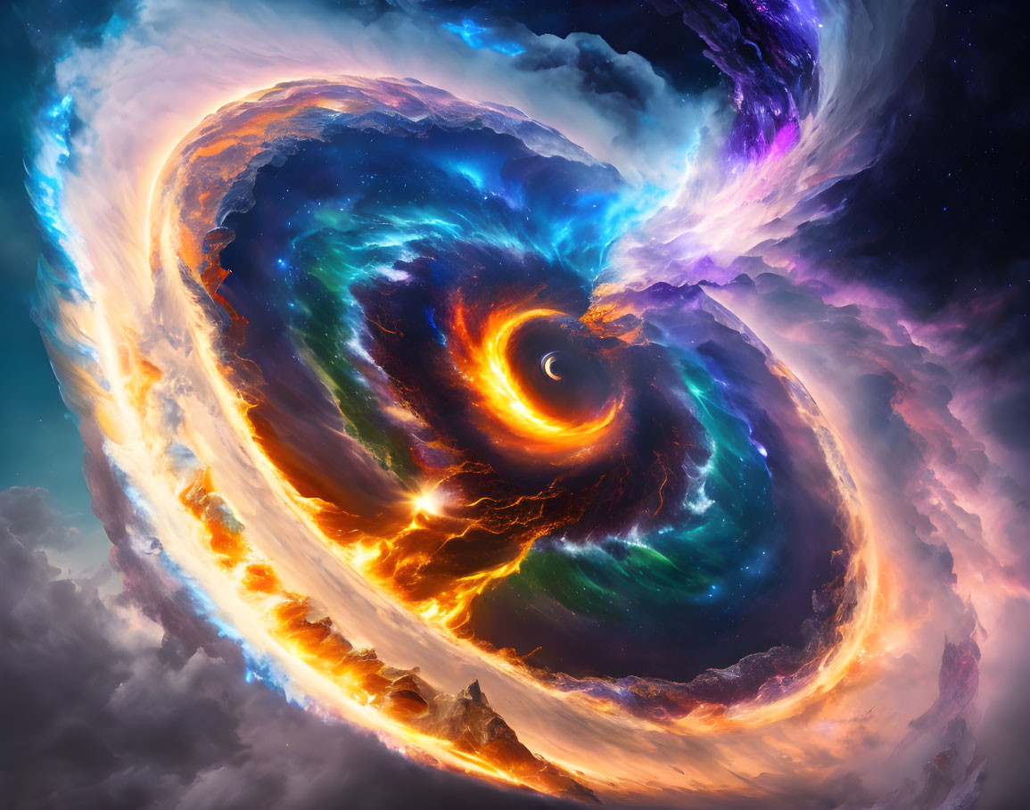 Colorful swirling nebula with black hole center