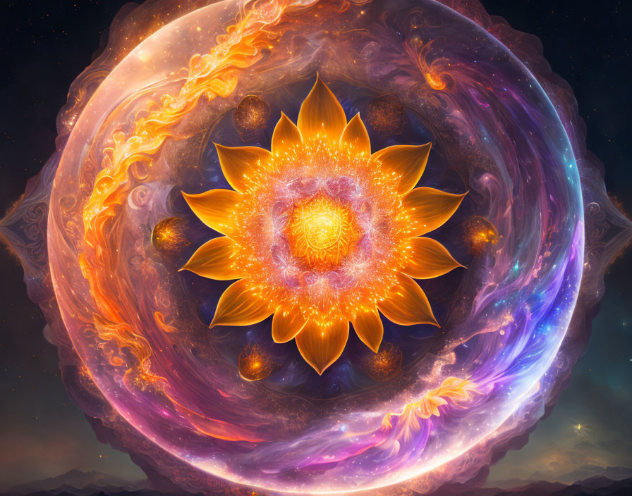 Vibrant cosmic illustration with central orange flower and swirling galaxies