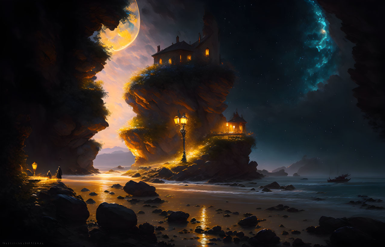 Moonlit beach with illuminated lanterns, boat, castle, and starry sky
