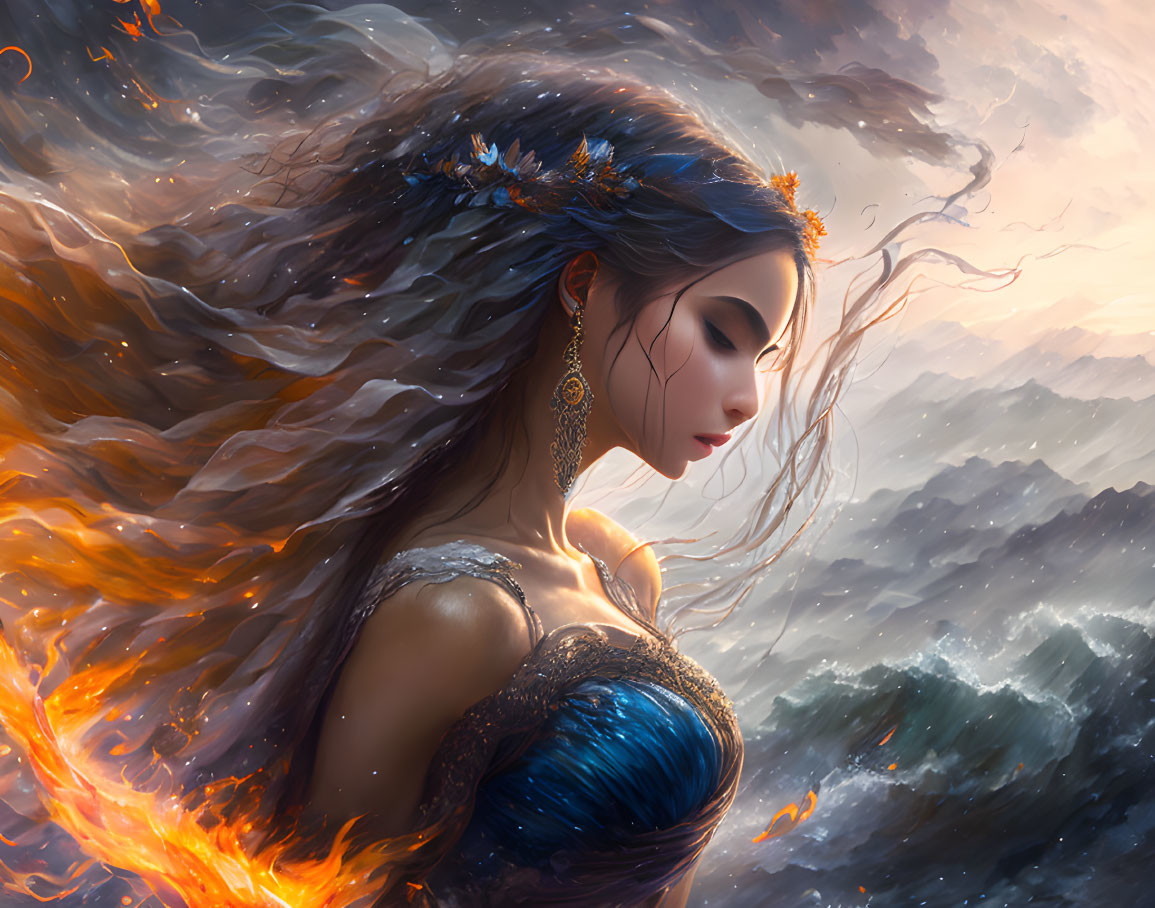 Fantasy illustration of woman with fiery hair in ornate blue dress by tumultuous ocean.