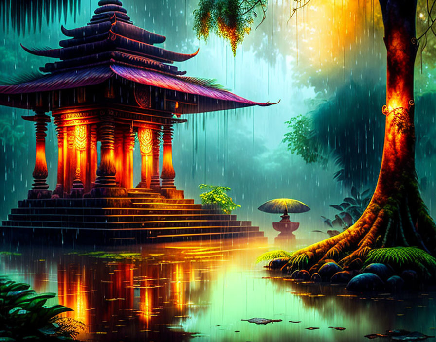Asian-style pagoda in mystical rainforest with warm lights and lush greenery