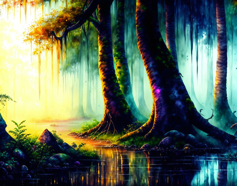 Mystical forest with towering trees and serene water reflections