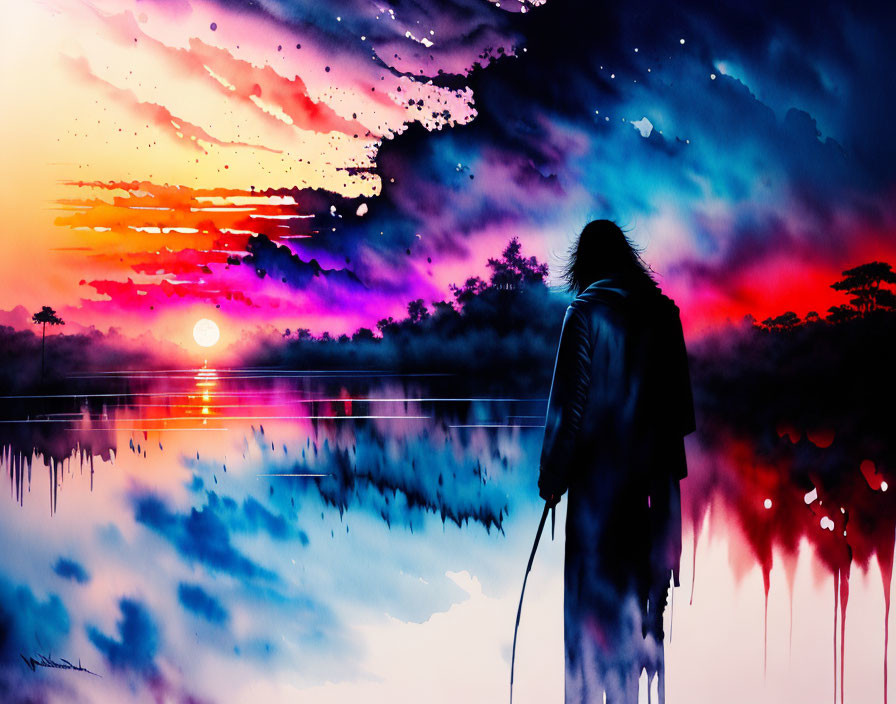 Colorful Sunset Reflection on Water Body with Figure