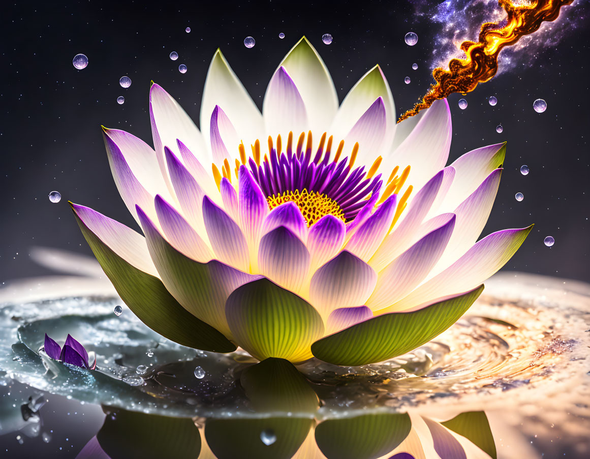 Vibrant Purple and White Lotus Flower Floating on Water