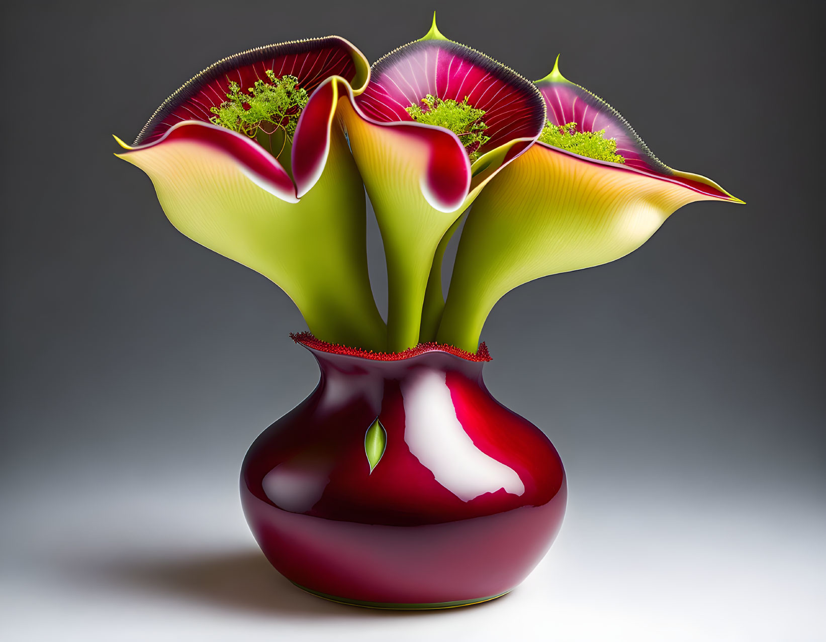Vibrant red vase with stylized calla lilies on gradient background