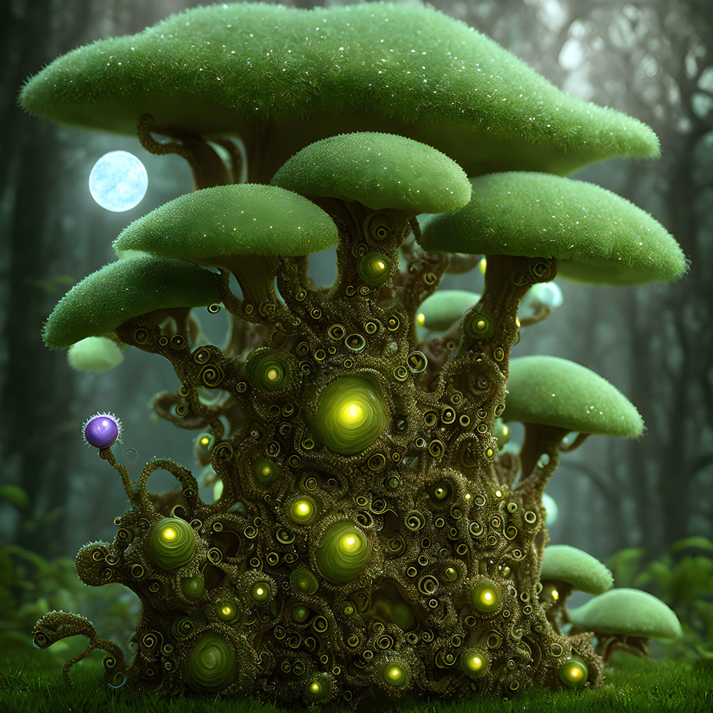 Ethereal forest scene with glowing bulbs and mushroom-like canopies