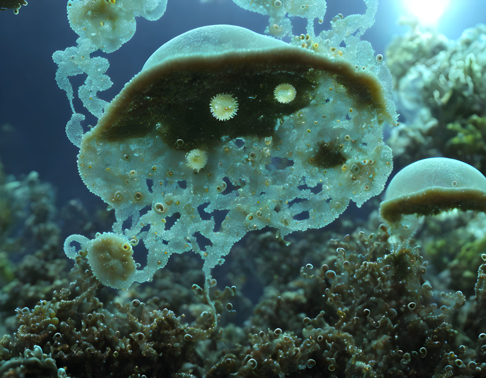 Translucent jellyfish and coral reef in blue underwater scene