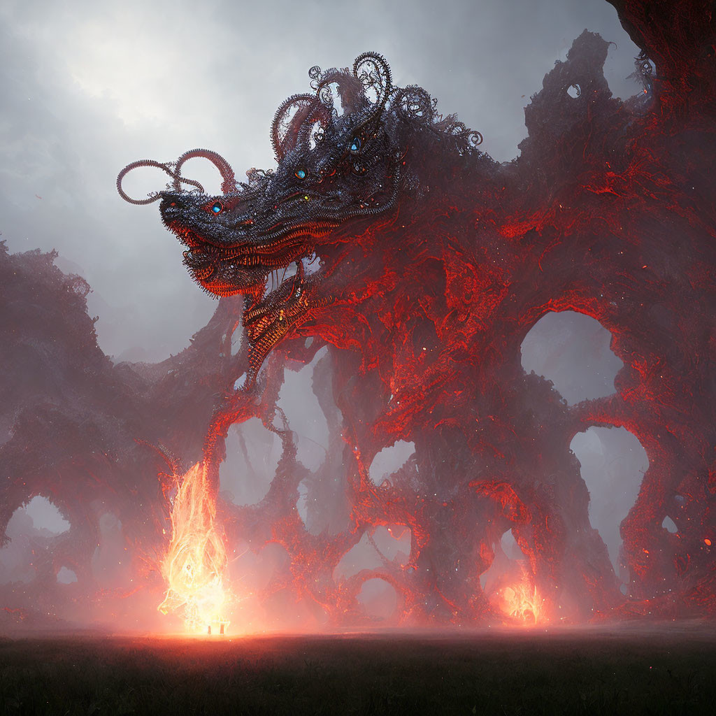 Fiery fantasy landscape with figure and intricate red coral structures