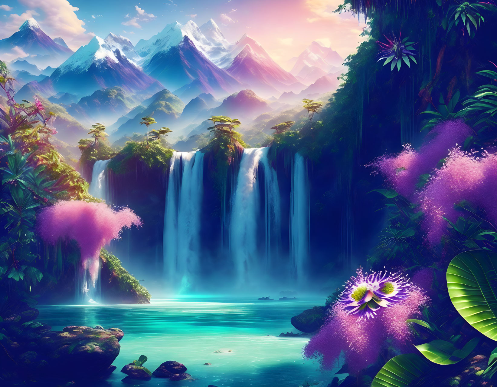 Digital artwork of serene waterfall, lush foliage, purple flowers, and misty mountains.
