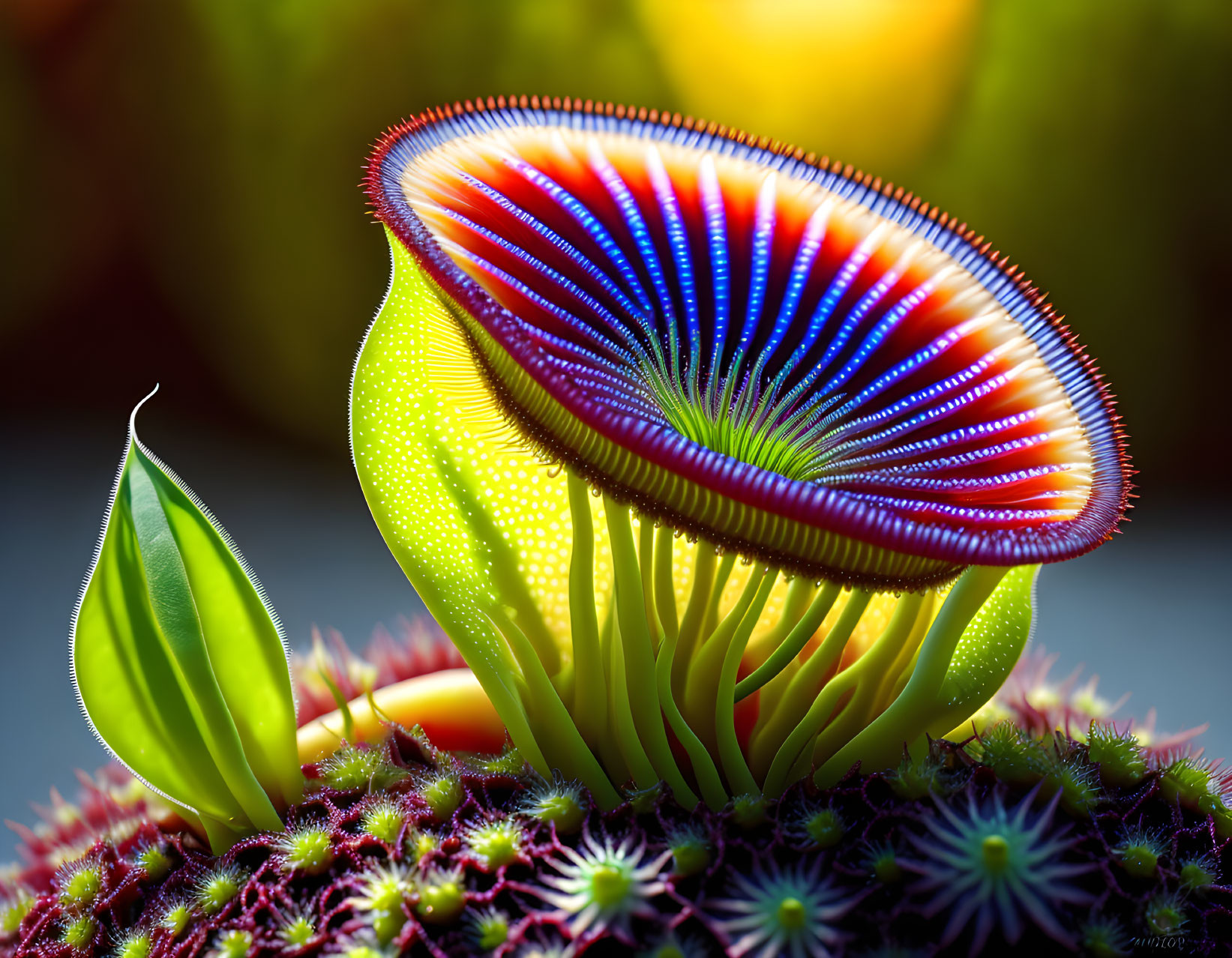 Neon-blue and red fantasy plant with mushroom-like cap and spiky base