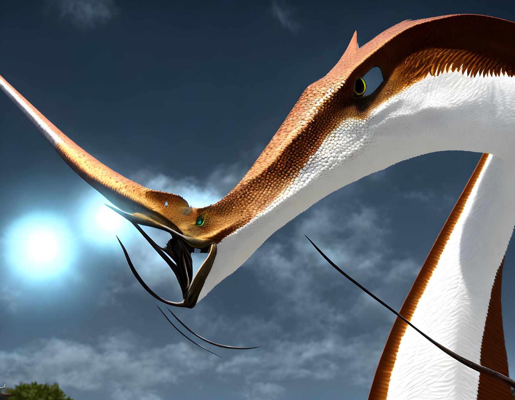 Detailed digital artwork: Pterosaurs with long beaks under clear blue sky