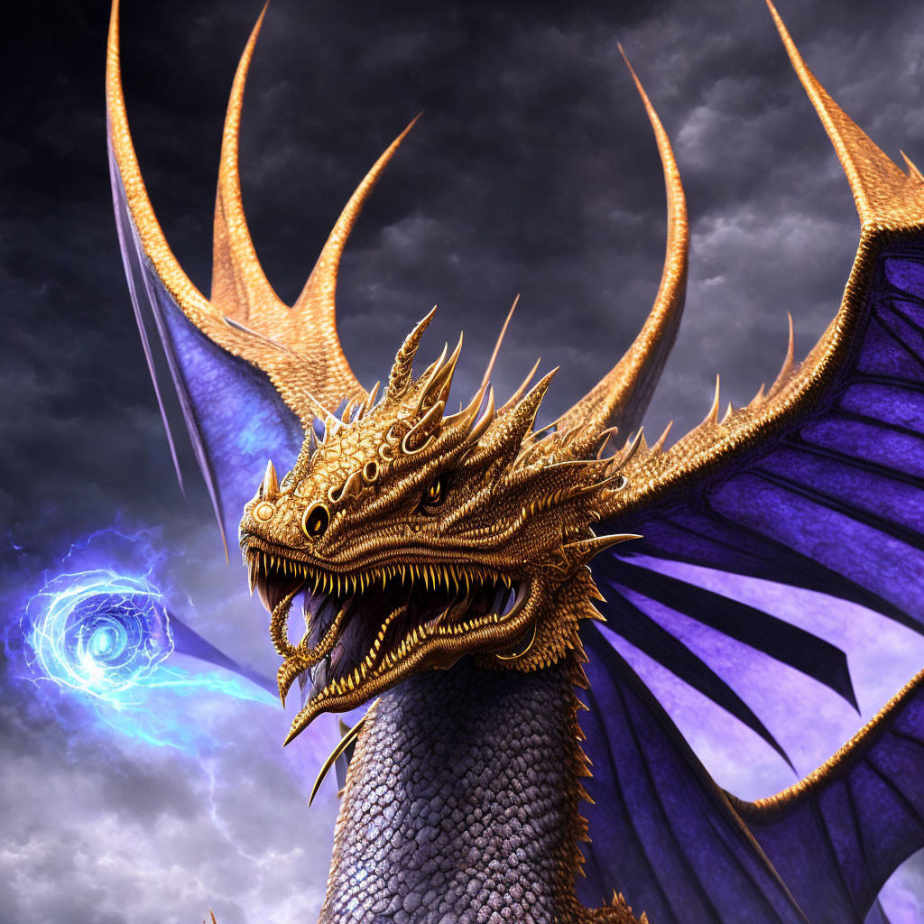 Golden dragon with purple wings and swirling portal in stormy sky
