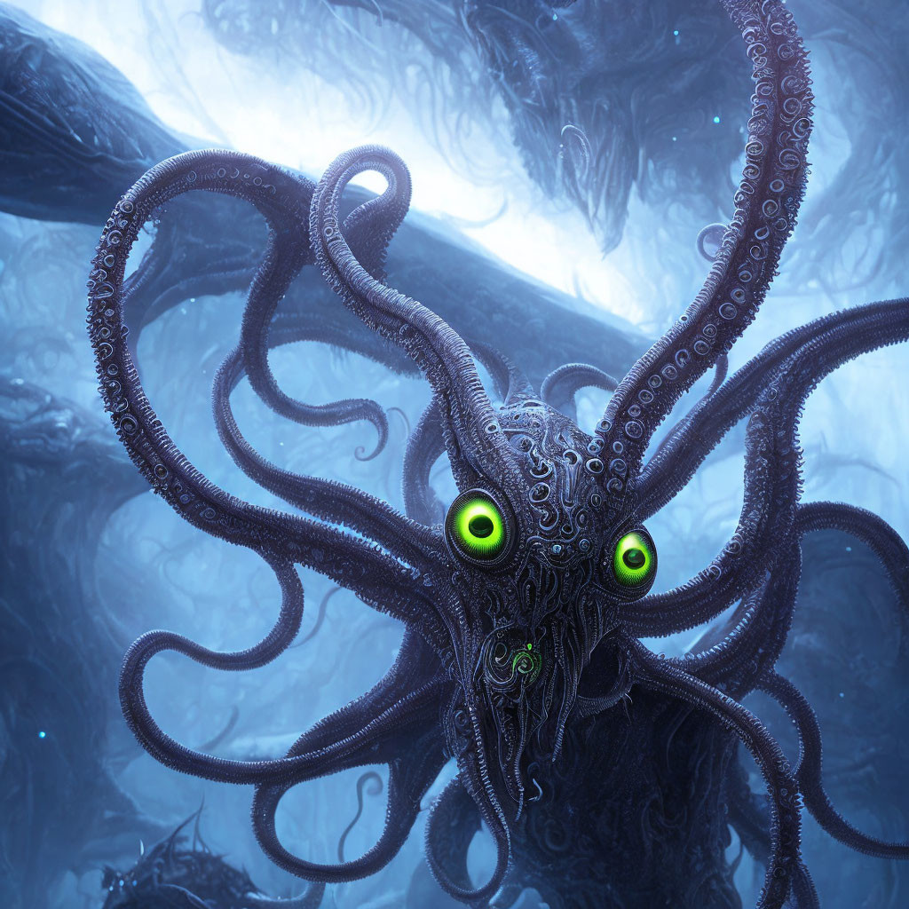 Detailed Illustration: Octopus-like Creature with Glowing Green Eyes in Mysterious Underwater Setting