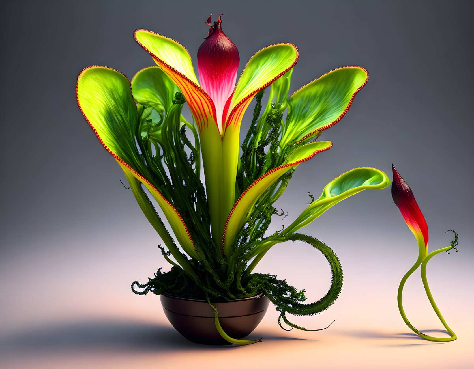 Digitally-created Venus flytrap-inspired plant in pot with glowing green edges and red accents