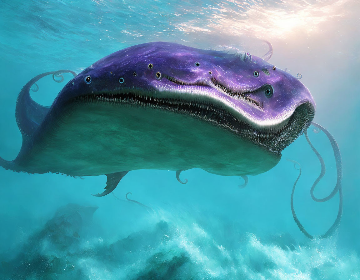 Gigantic purple whale creature with tentacles in underwater scene