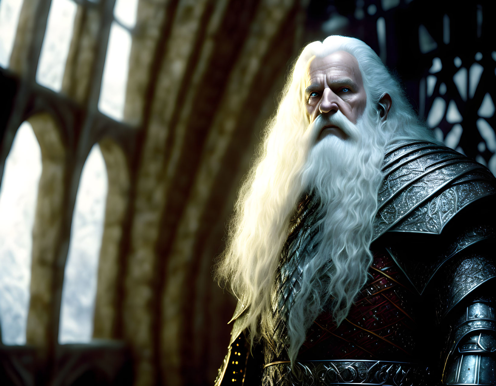 Elderly bearded fantasy character in ornate armor in grand hall