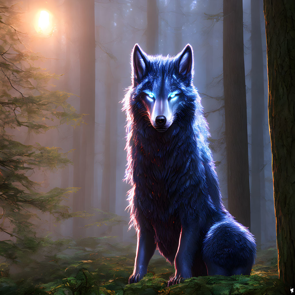 Blue wolf in sunlit forest with mystical glow on fur