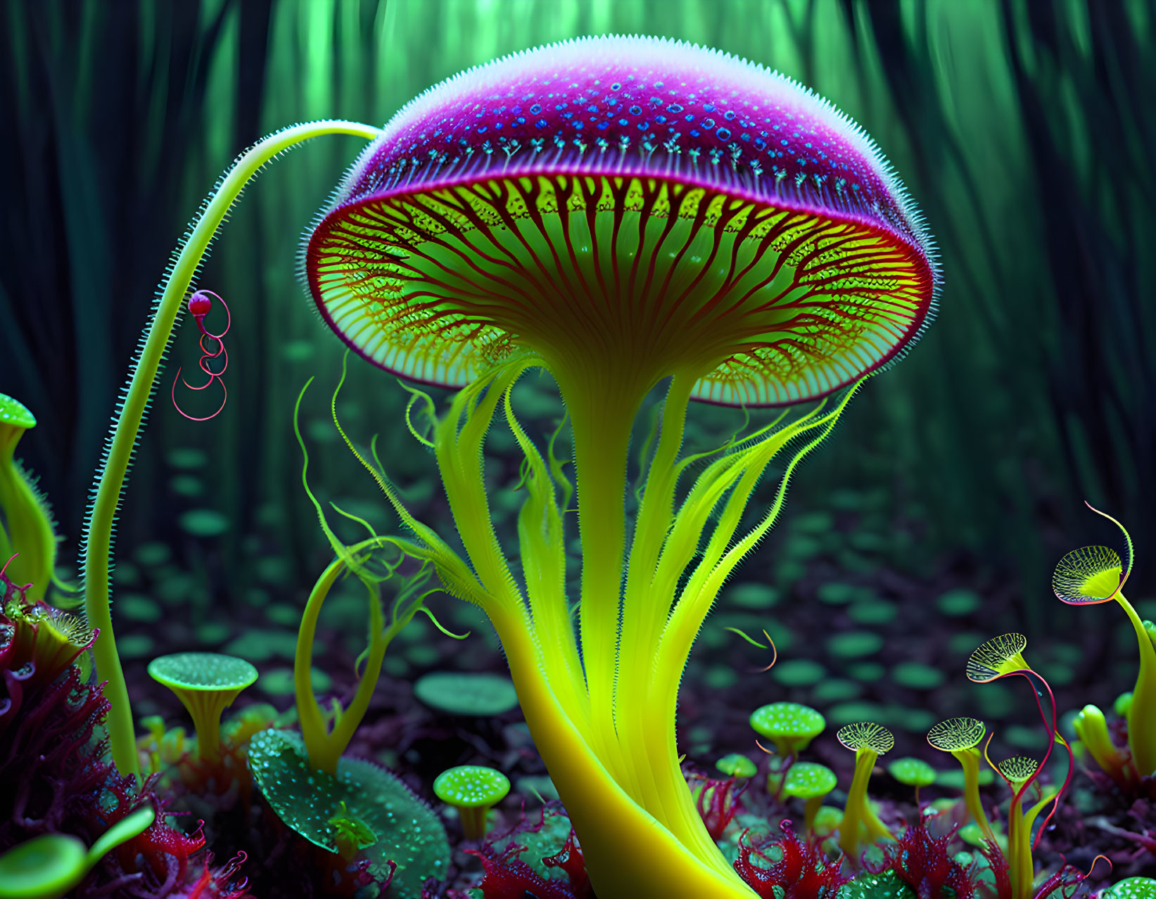 Colorful bioluminescent mushroom in surreal alien forest.