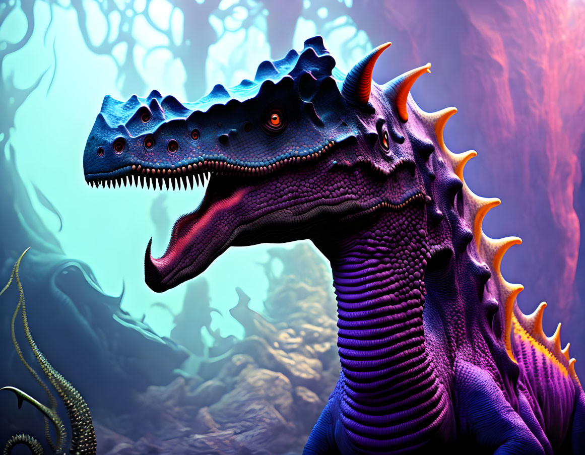 Fantastical purple and blue dragon in mystical setting
