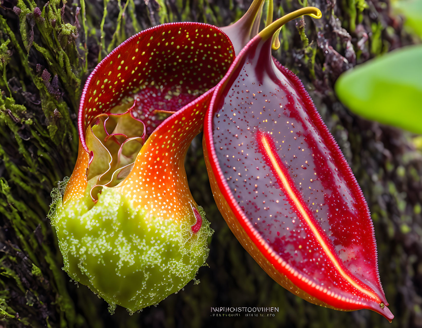 Vibrant red and green carnivorous pitcher plant with dewdrops on mossy background