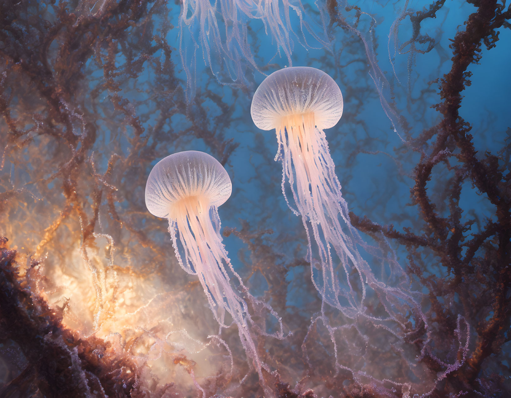 Translucent jellyfish and intricate underwater branches in serene marine scene