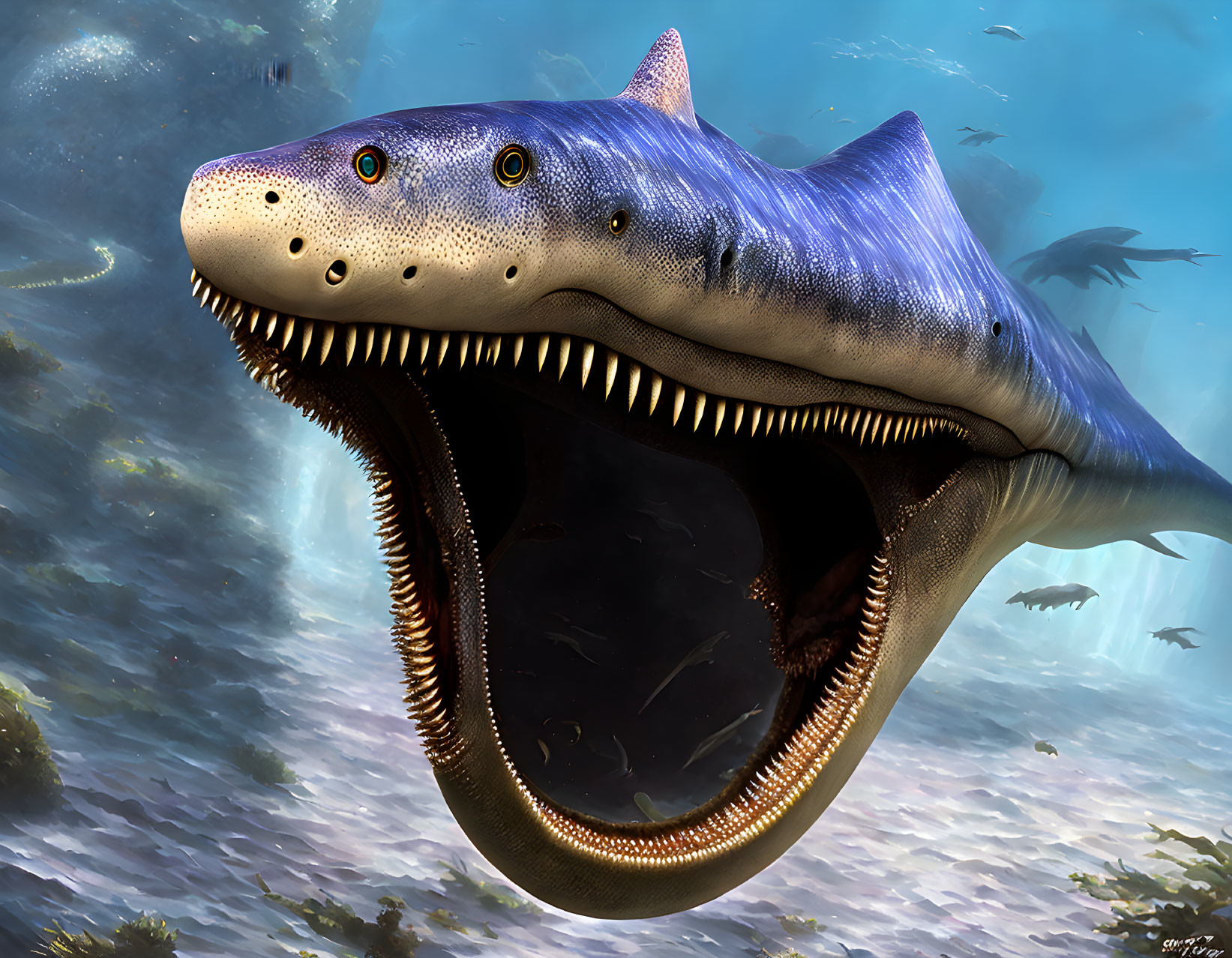 Massive prehistoric shark swimming with fish in underwater scene