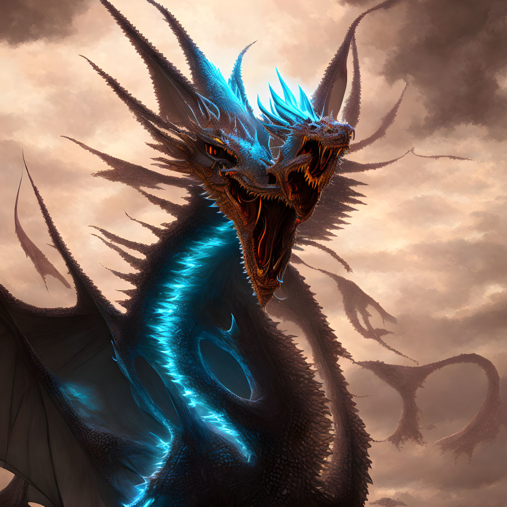 Blue-glowing spiked dragon roars under stormy sky.