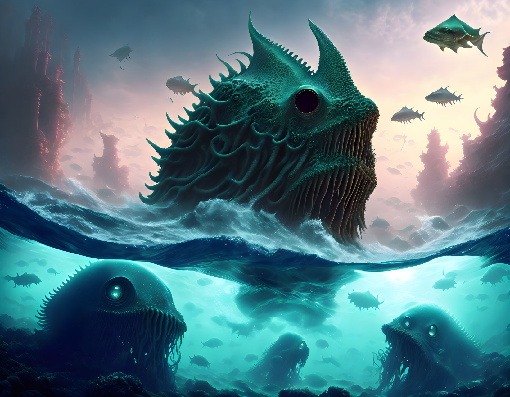 Fantastical one-eyed fish in surreal underwater scene