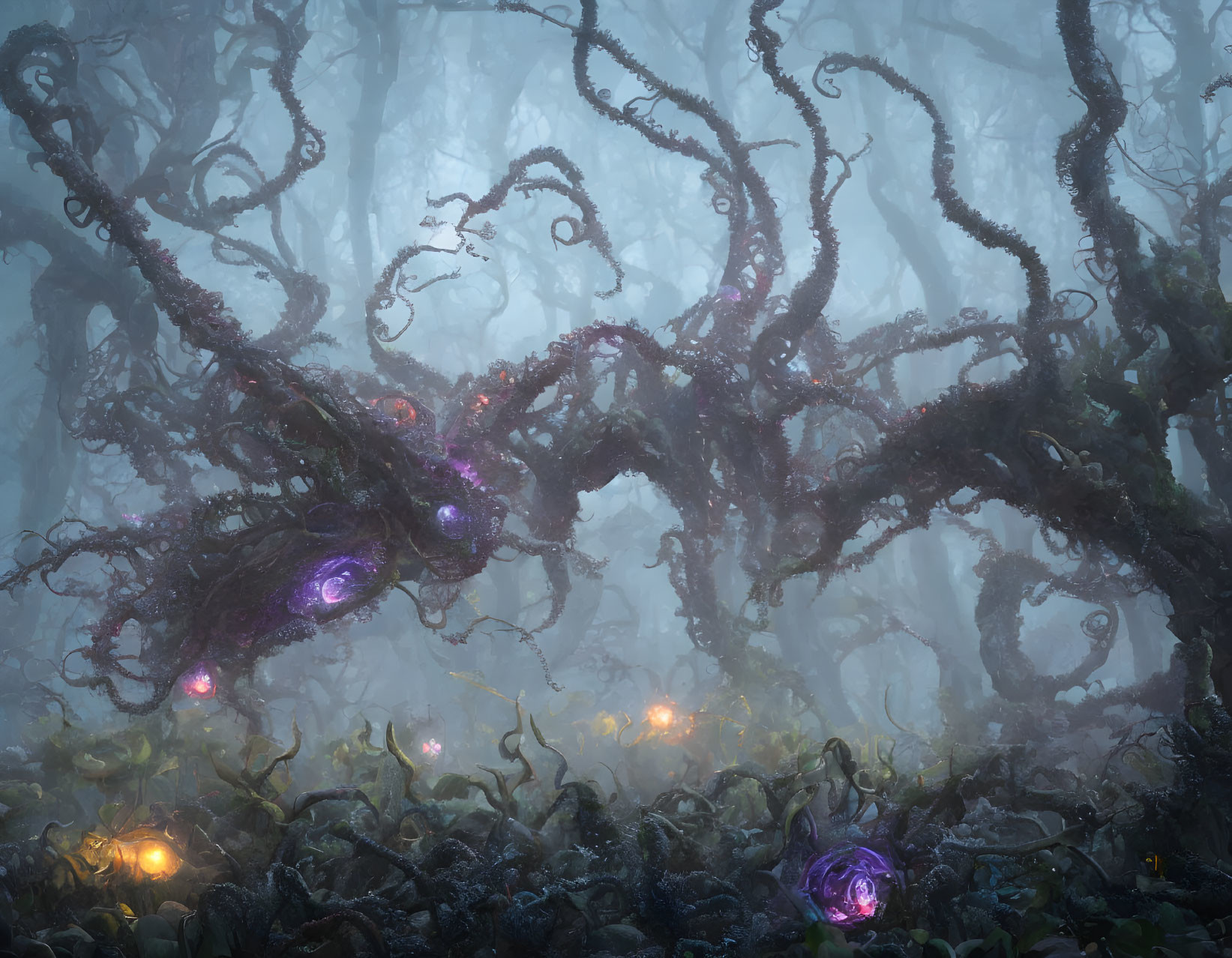 Ethereal forest with twisted trees and glowing orbs in mystical fog