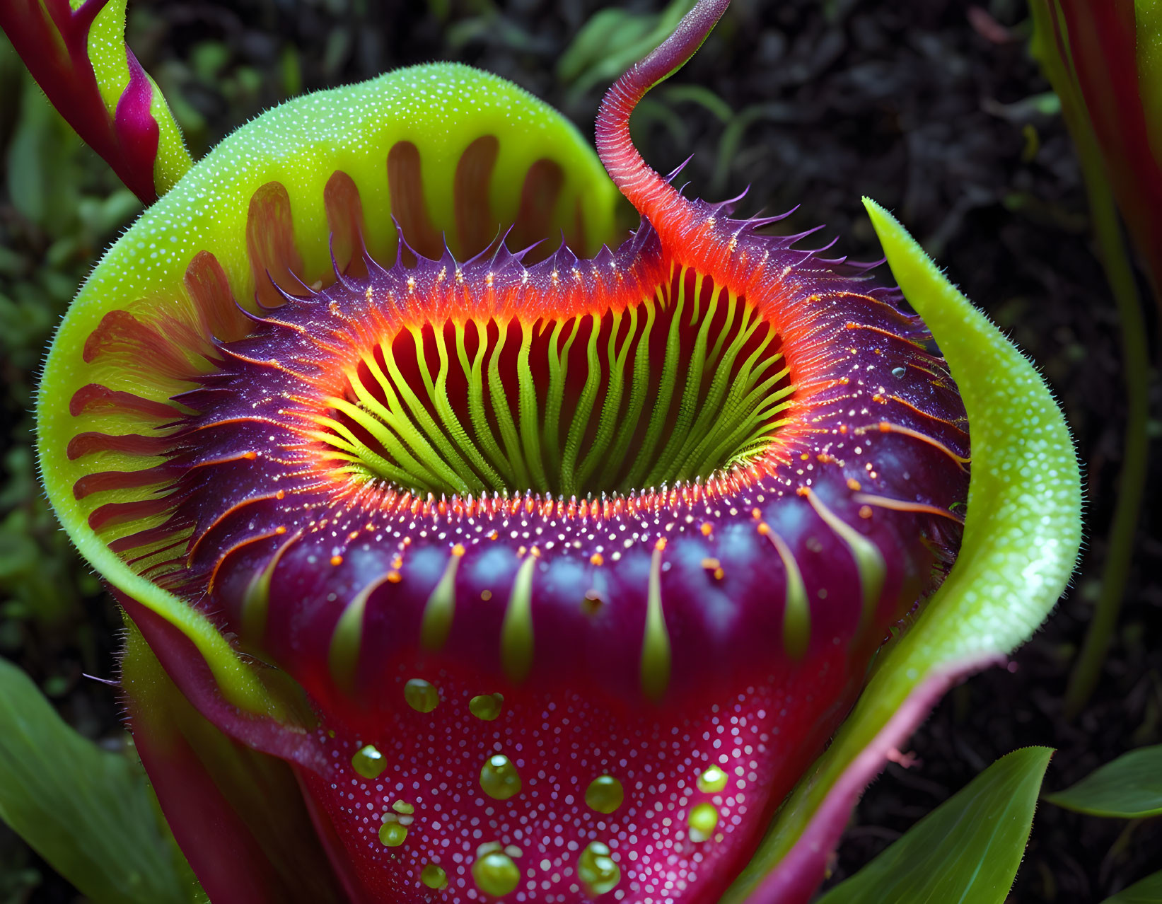Colorful Carnivorous Plant with Red and Green Hues and Tooth-Like Edges