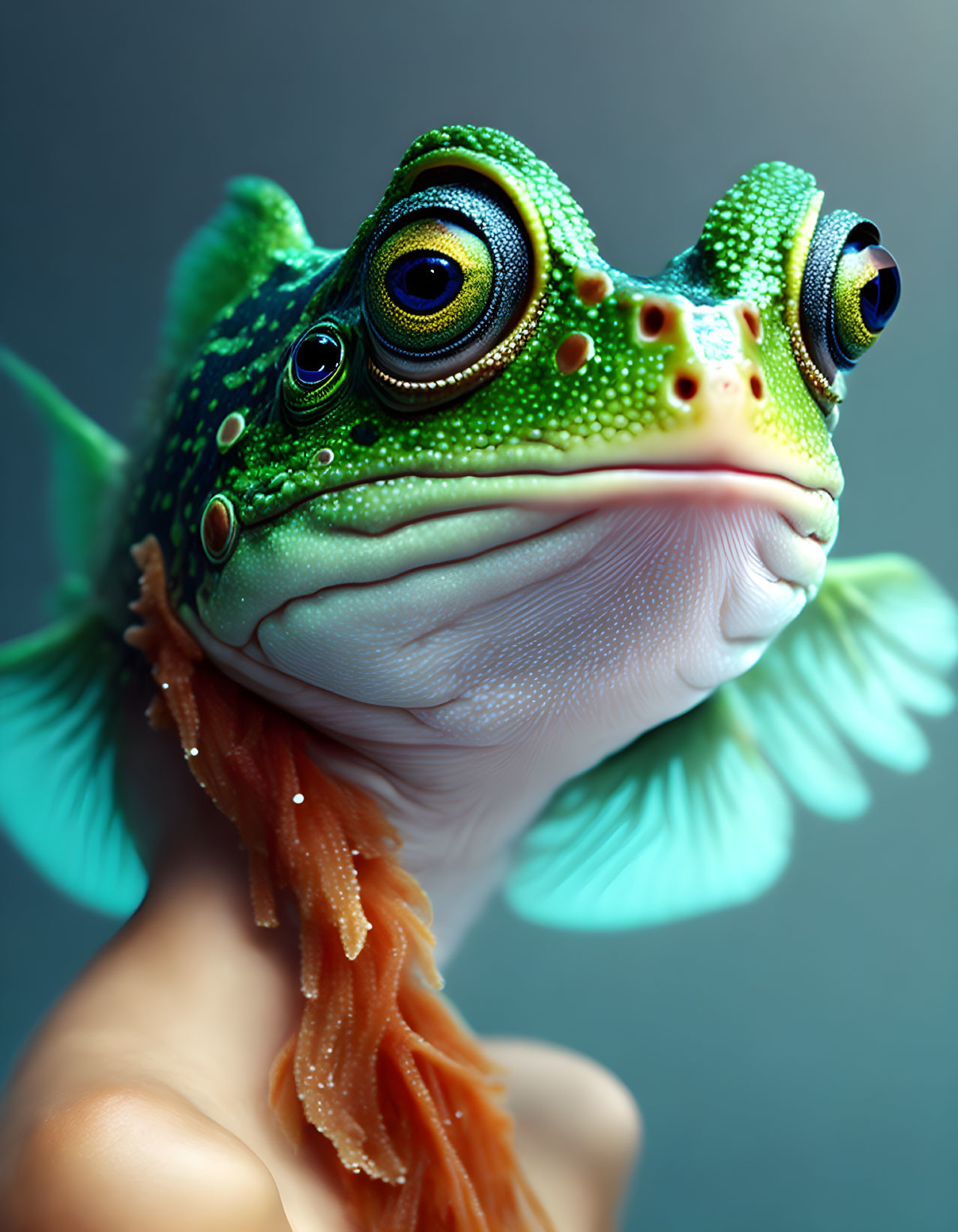 Colorful humanoid frog with swirling eyes and blue fins - Detailed Description